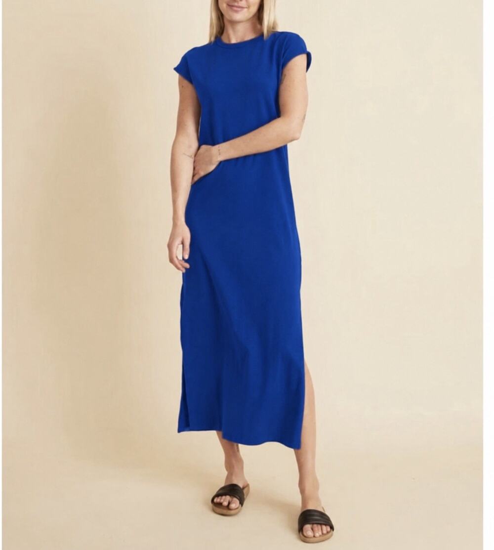 Marine Layer Maxi Dress Womens XS Blue Tencel Cotton Crew Neck Side Slit Casual